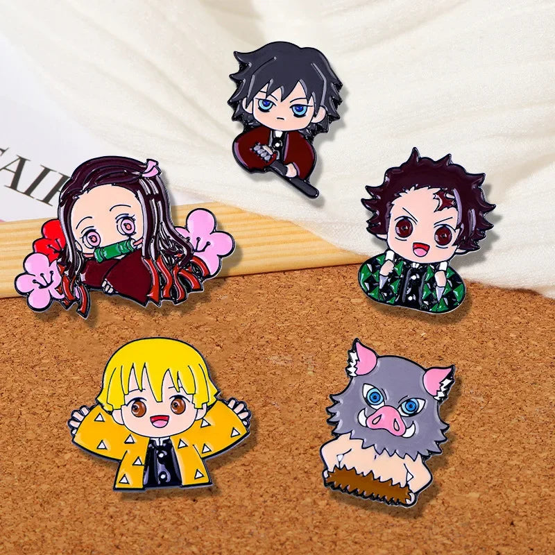 5PCS Demon Slayer Pins – Adorable Chibi Character Brooch Set for Backpacks & Clothes