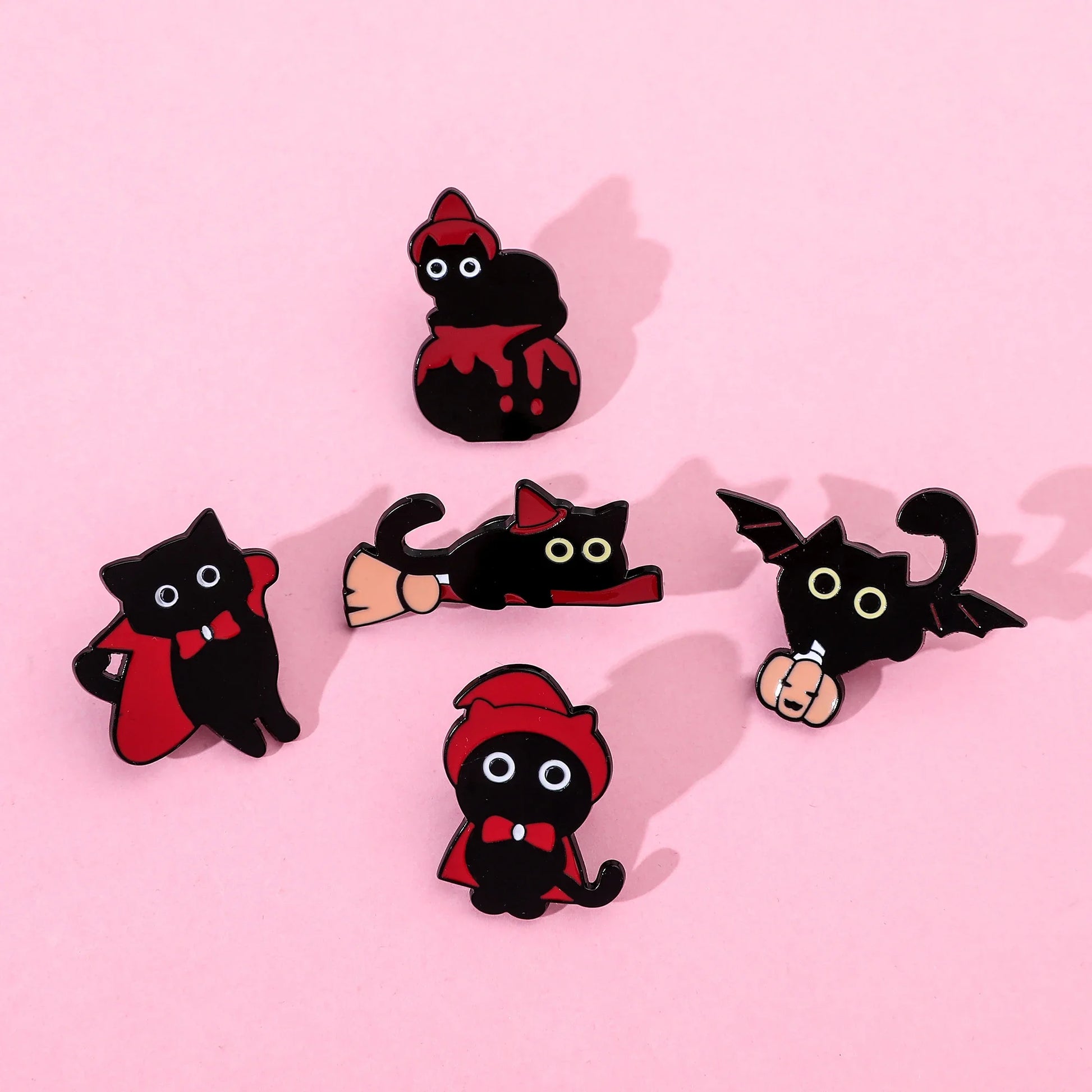 5pcs Halloween Cat & Skeleton Brooch Set – Pumpkin, Bat, Broom & Lapel Pins