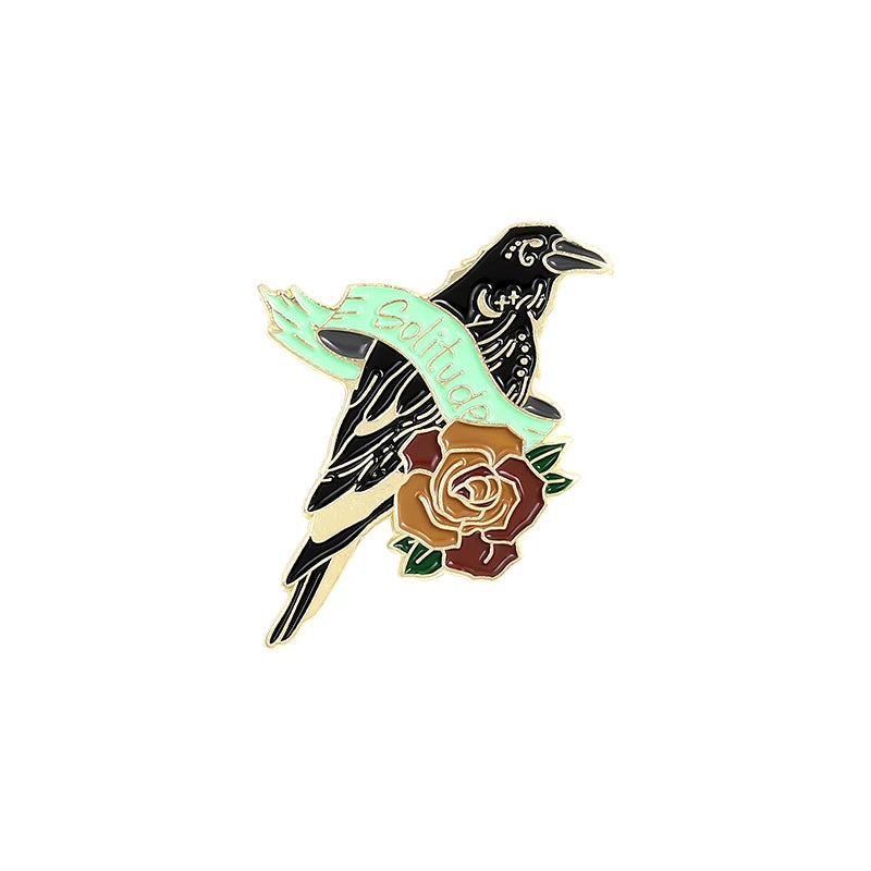 Gothic Crow Enamel Pin – Elegant Black Bird & Pink Flower Brooch