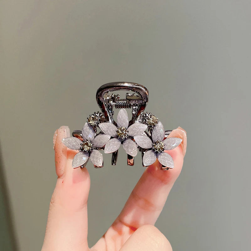 Black Rhinestone Flower Hair Clip