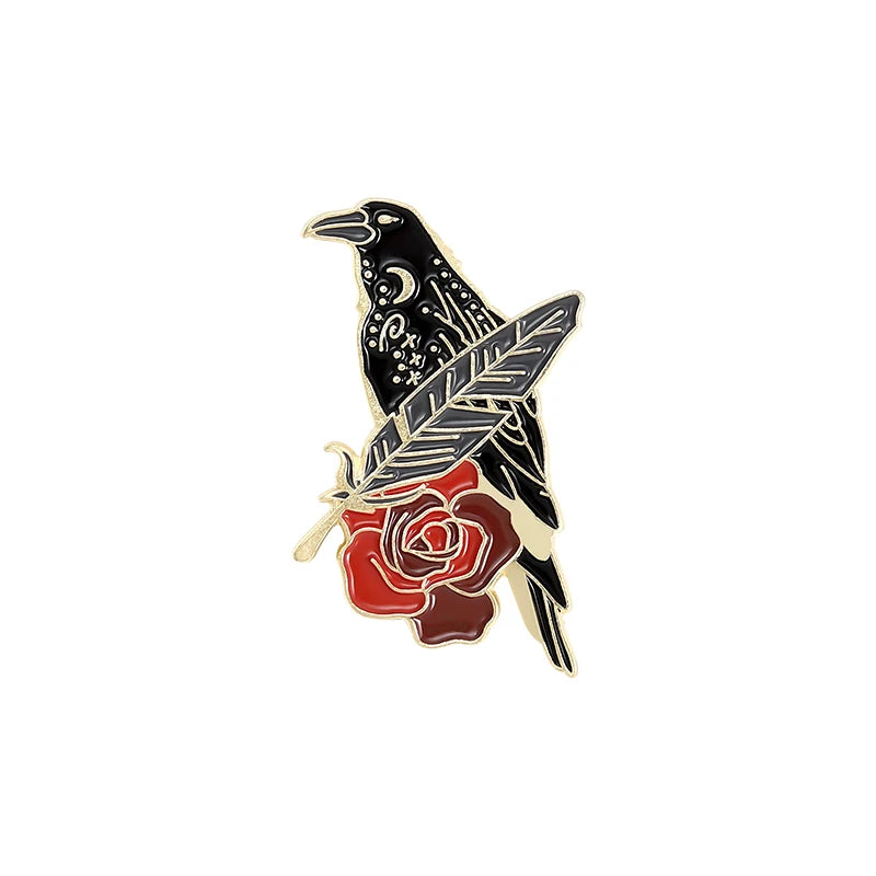Gothic Crow Enamel Pin – Elegant Black Bird & Pink Flower Brooch