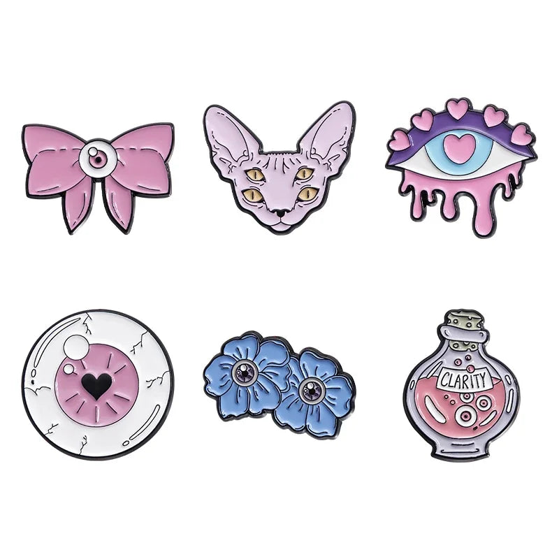 Pink Punk Eyes Enamel Pin – Magic Potion & Love Eye Brooch for Jackets & Bags