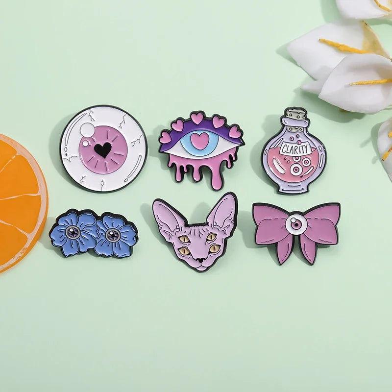 Pink Punk Eyes Enamel Pin – Magic Potion & Love Eye Brooch for Jackets & Bags