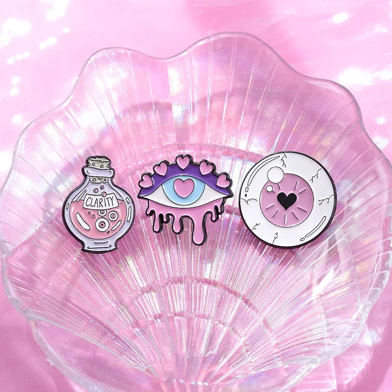 Pink Punk Eyes Enamel Pin – Magic Potion & Love Eye Brooch for Jackets & Bags