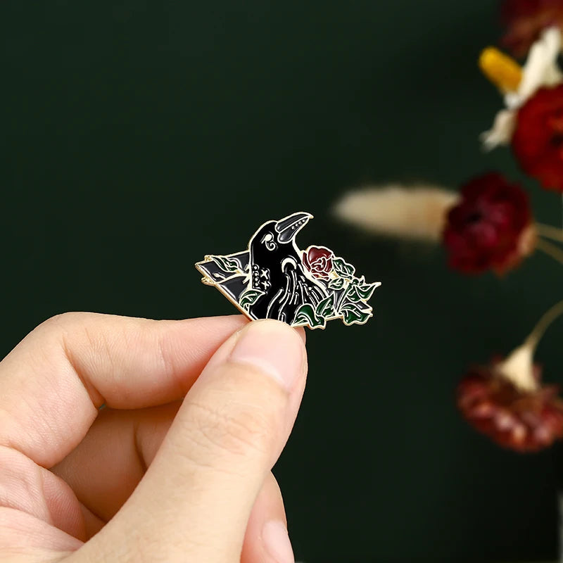 Gothic Crow Enamel Pin – Elegant Black Bird & Pink Flower Brooch