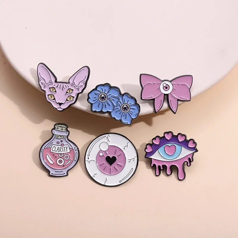 Pink Punk Eyes Enamel Pin – Magic Potion & Love Eye Brooch for Jackets & Bags