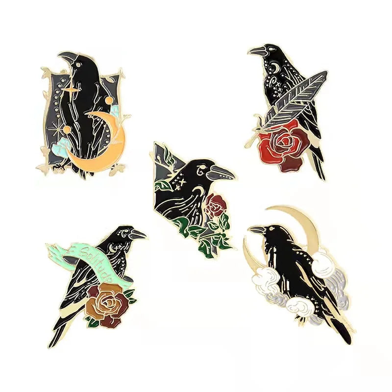 Gothic Crow Enamel Pin – Elegant Black Bird & Pink Flower Brooch