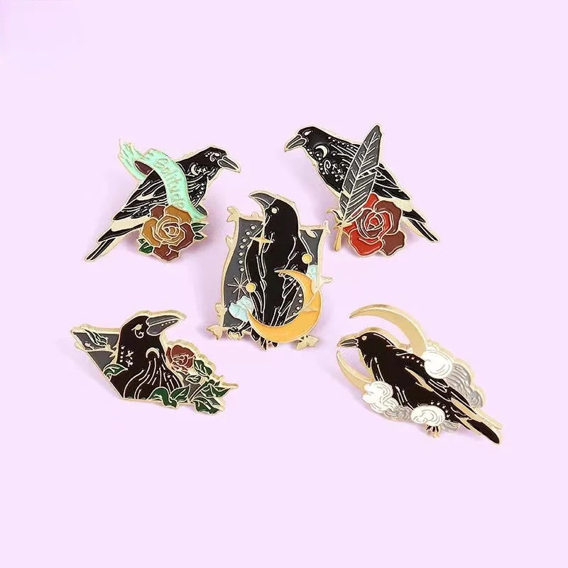 Gothic Crow Enamel Pin – Elegant Black Bird & Pink Flower Brooch