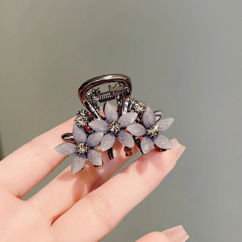 Black Rhinestone Flower Hair Clip