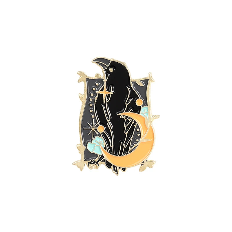 Gothic Crow Enamel Pin – Elegant Black Bird & Pink Flower Brooch