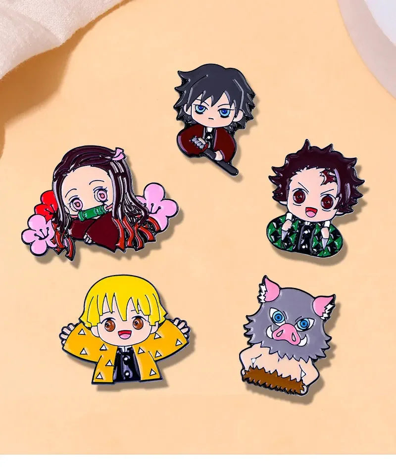 5PCS Demon Slayer Pins – Adorable Chibi Character Brooch Set for Backpacks & Clothes