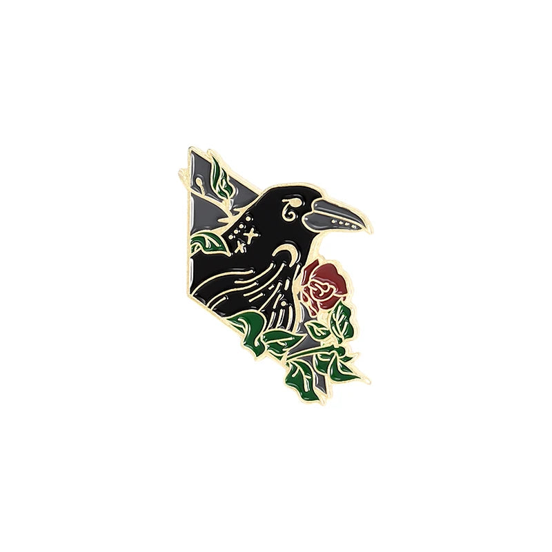 Gothic Crow Enamel Pin – Elegant Black Bird & Pink Flower Brooch