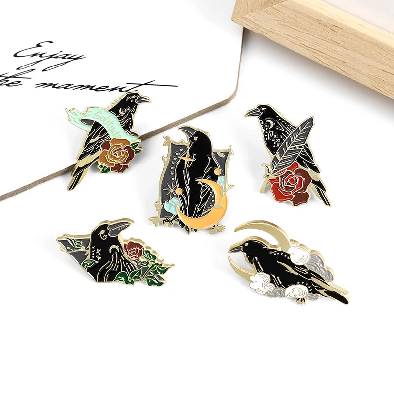 Gothic Crow Enamel Pin – Elegant Black Bird & Pink Flower Brooch