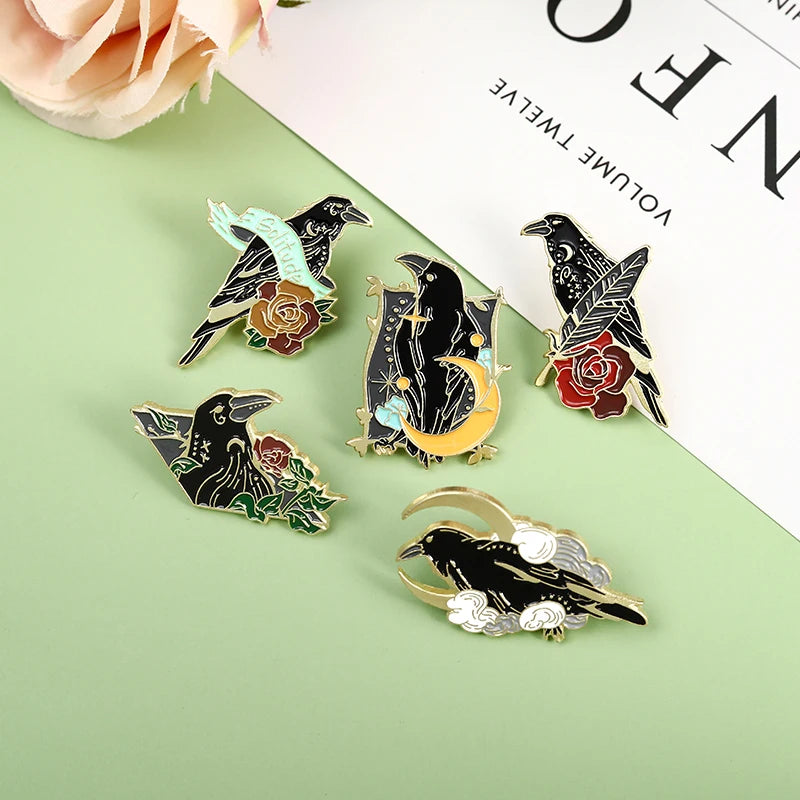 Gothic Crow Enamel Pin – Elegant Black Bird & Pink Flower Brooch