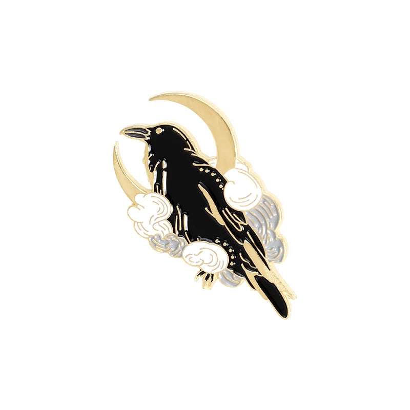 Gothic Crow Enamel Pin – Elegant Black Bird & Pink Flower Brooch