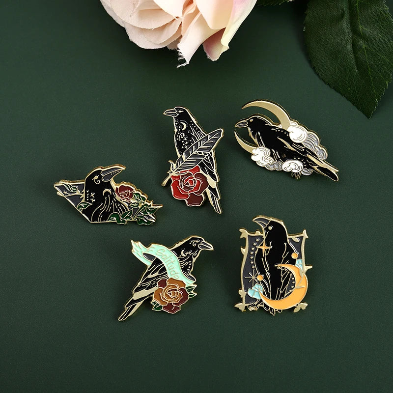 Gothic Crow Enamel Pin – Elegant Black Bird & Pink Flower Brooch