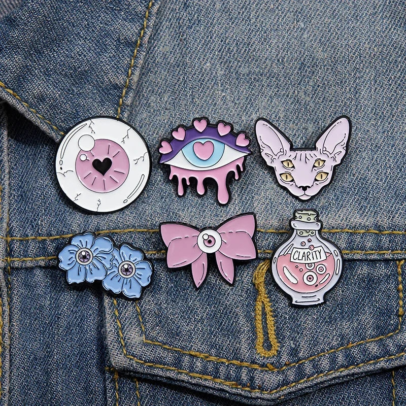 Pink Punk Eyes Enamel Pin – Magic Potion & Love Eye Brooch for Jackets & Bags