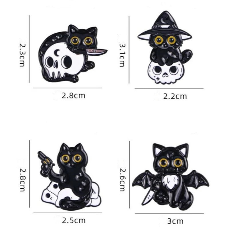 Cute Black Cat & Skull Enamel Pin – Halloween Bat Brooch for Bags & Clothes