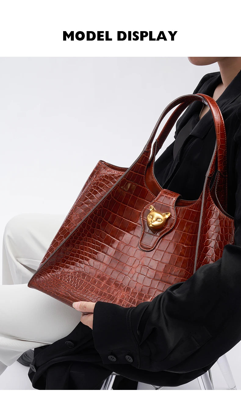Crocodile Embossed Genuine Leather Handbag – Large Capacity Tote