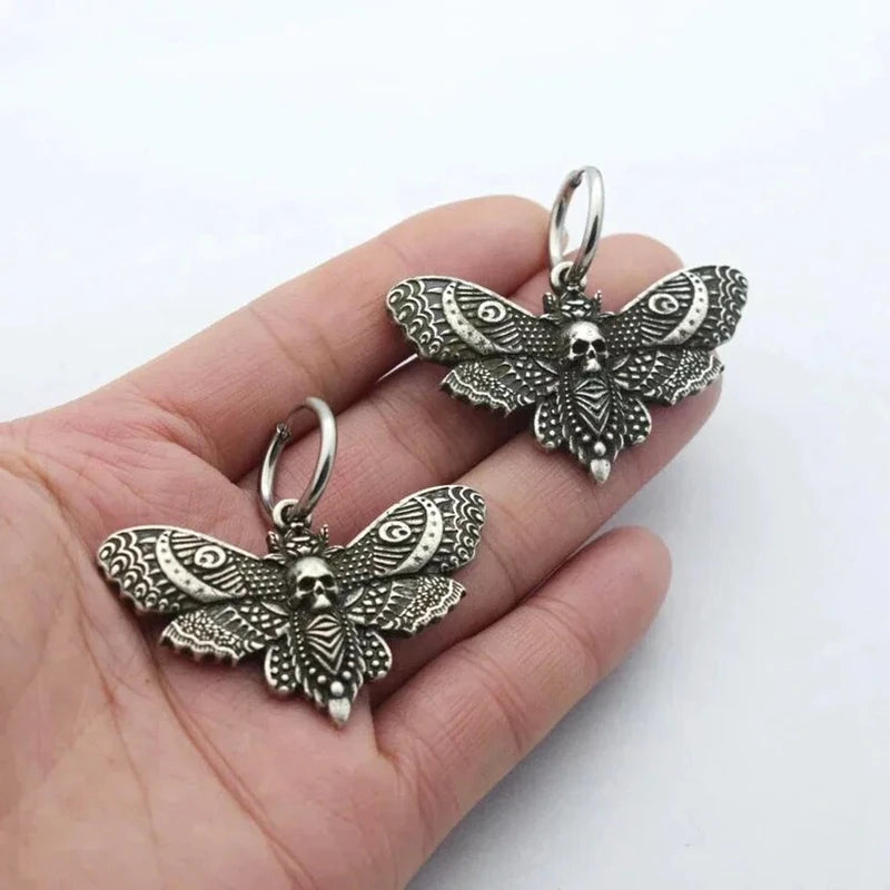 Witchy Moon Moth Hoop Earrings – Gothic Vintage Pagan Charm Jewelry Gift