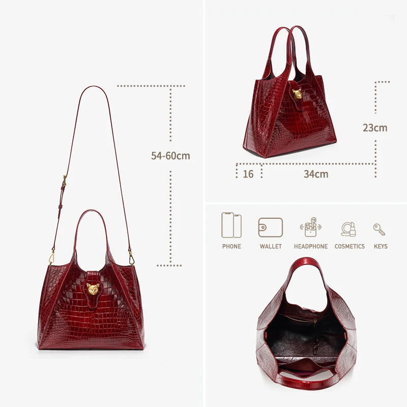 Crocodile Embossed Genuine Leather Handbag – Large Capacity Tote