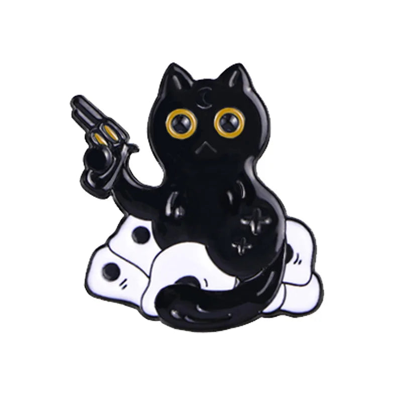 Cute Black Cat & Skull Enamel Pin – Halloween Bat Brooch for Bags & Clothes