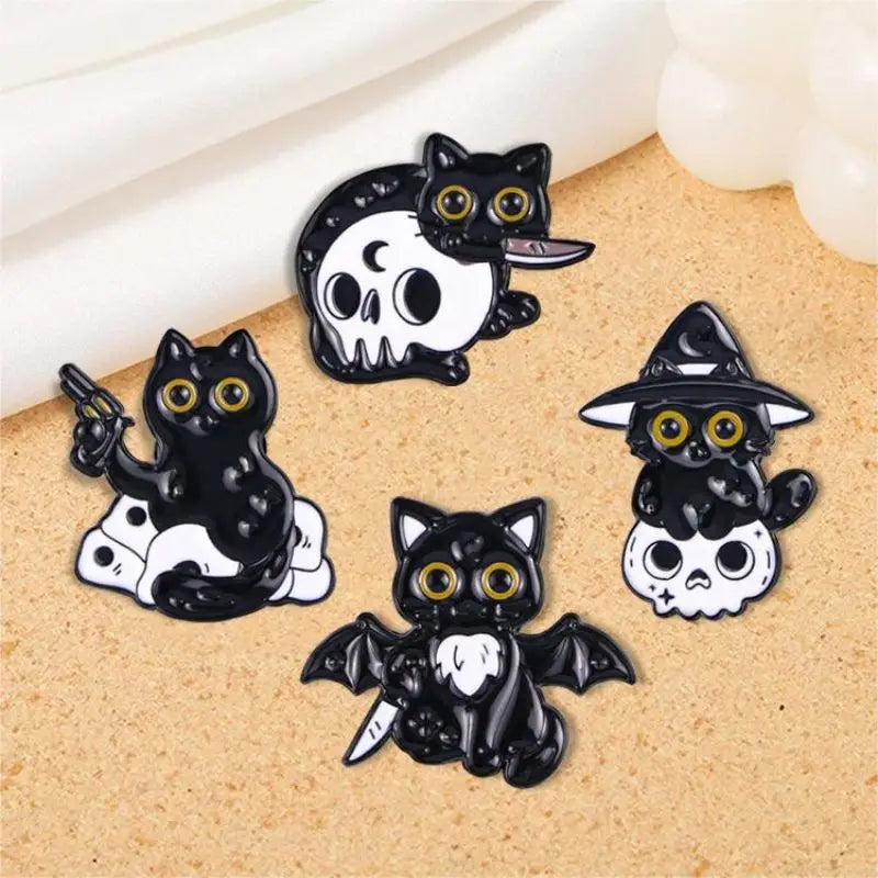 Cute Black Cat & Skull Enamel Pin – Halloween Bat Brooch for Bags & Clothes