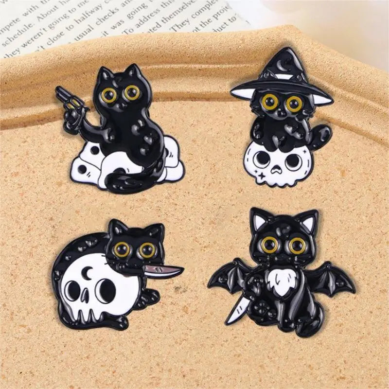 Cute Black Cat & Skull Enamel Pin – Halloween Bat Brooch for Bags & Clothes