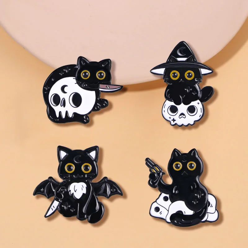 Cute Black Cat & Skull Enamel Pin – Halloween Bat Brooch for Bags & Clothes