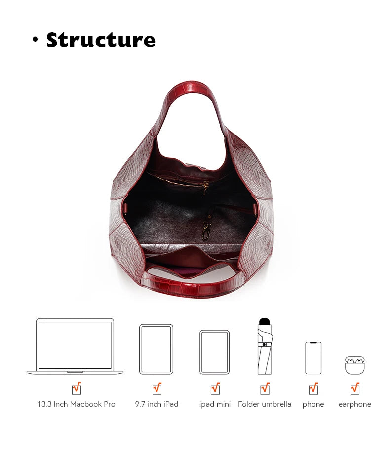 Crocodile Embossed Genuine Leather Handbag – Large Capacity Tote