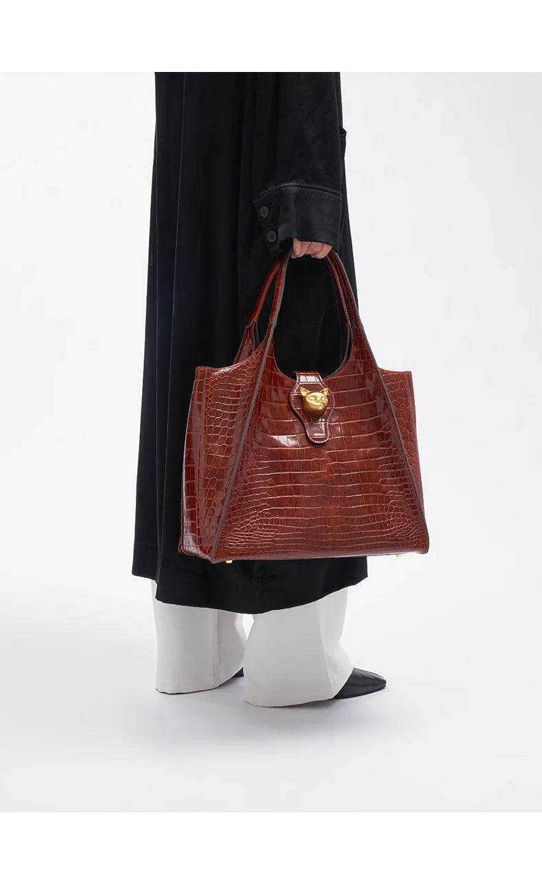 Crocodile Embossed Genuine Leather Handbag – Large Capacity Tote