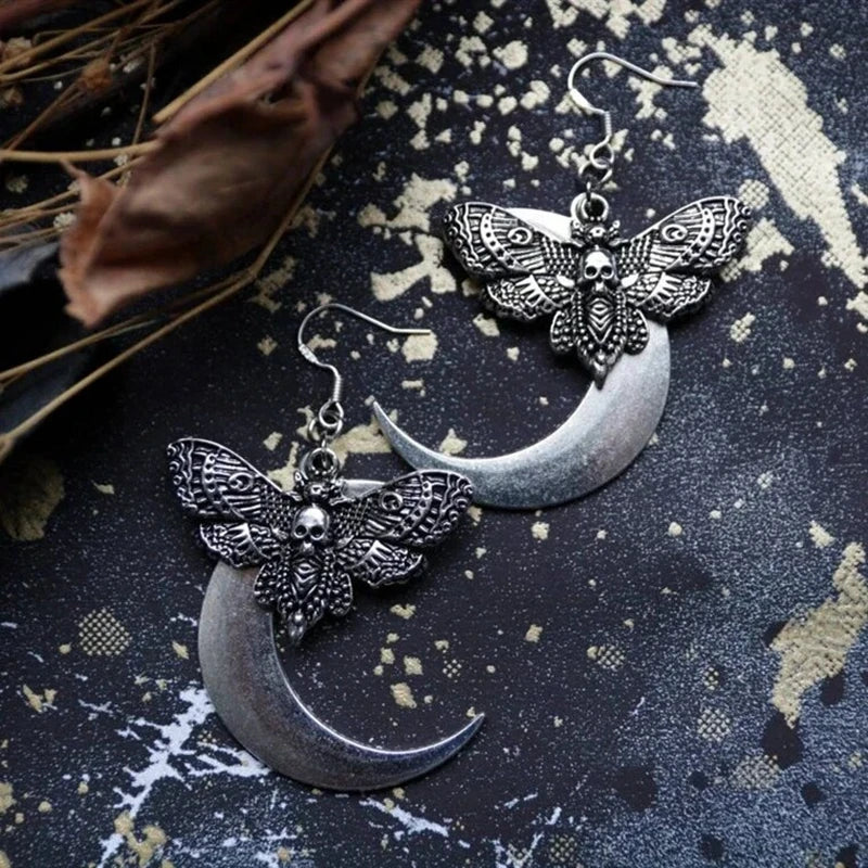 Witchy Moon Moth Hoop Earrings – Gothic Vintage Pagan Charm Jewelry Gift