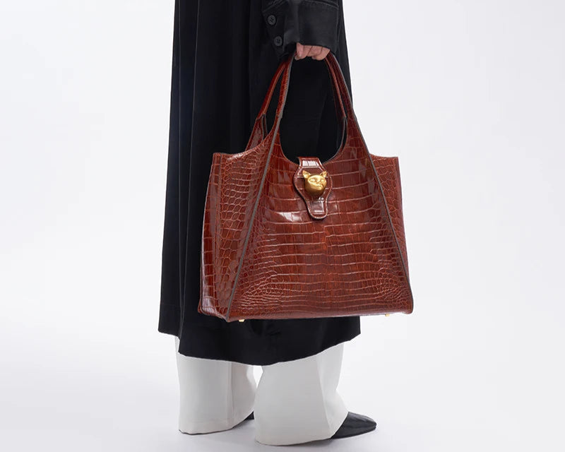 Crocodile Embossed Genuine Leather Handbag – Large Capacity Tote