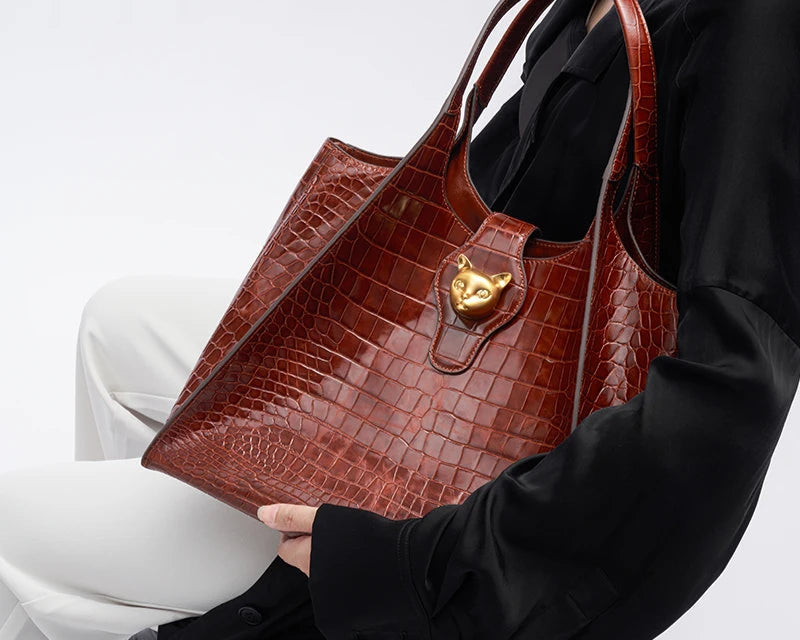 Crocodile Embossed Genuine Leather Handbag – Large Capacity Tote