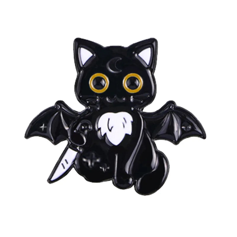 Cute Black Cat & Skull Enamel Pin – Halloween Bat Brooch for Bags & Clothes