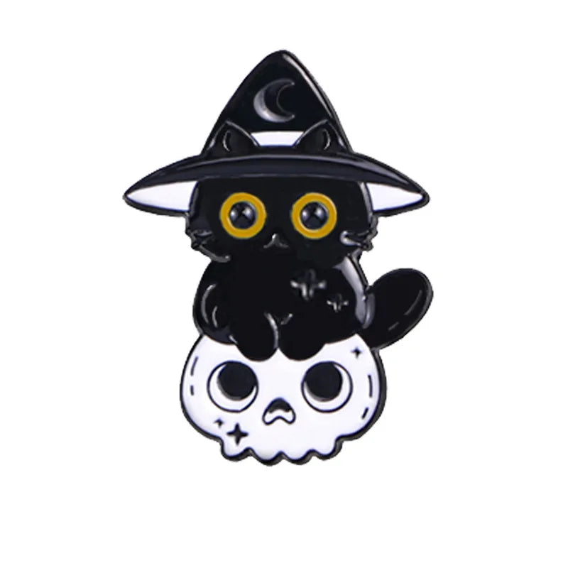 Cute Black Cat & Skull Enamel Pin – Halloween Bat Brooch for Bags & Clothes