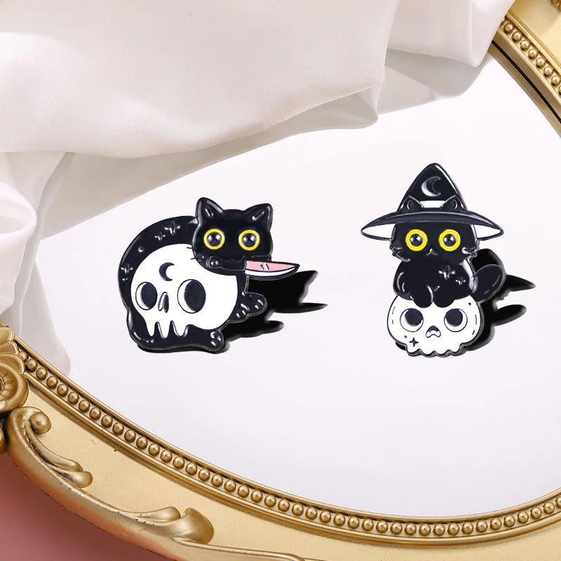 Cute Black Cat & Skull Enamel Pin – Halloween Bat Brooch for Bags & Clothes