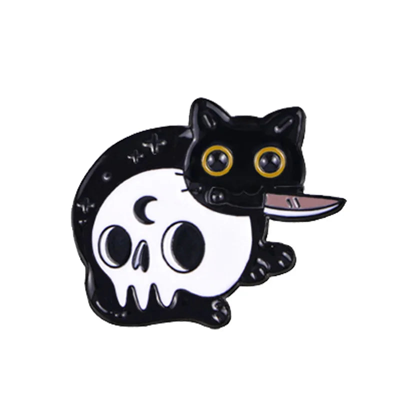 Cute Black Cat & Skull Enamel Pin – Halloween Bat Brooch for Bags & Clothes