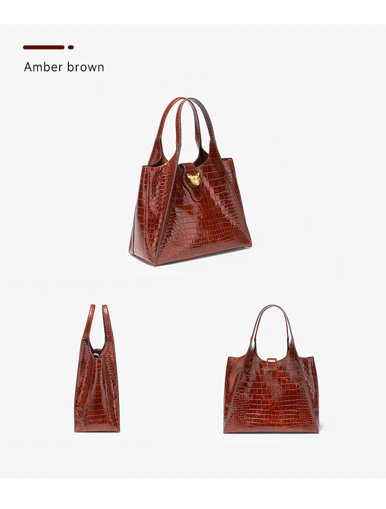 Crocodile Embossed Genuine Leather Handbag – Large Capacity Tote