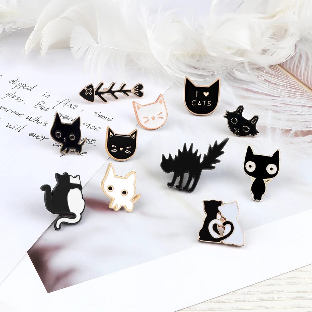 Cute Black & White Cat Enamel Pin – Funny Kitty Brooch