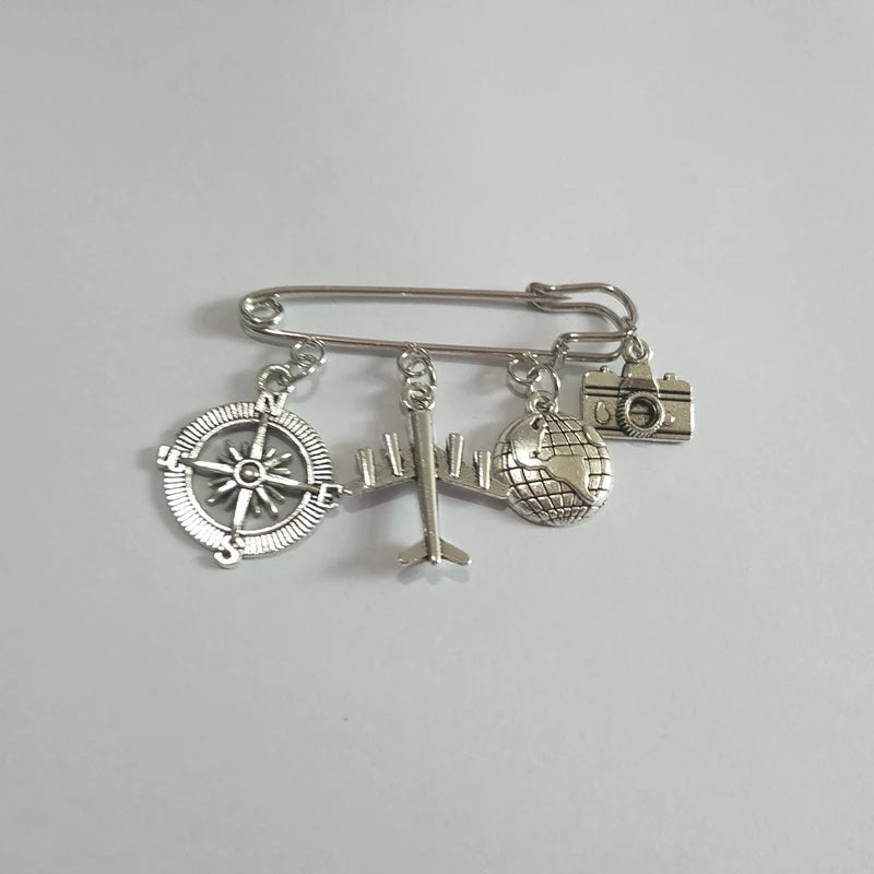 Travel Lover Brooch Set – Earth, Compass & Camera Pins