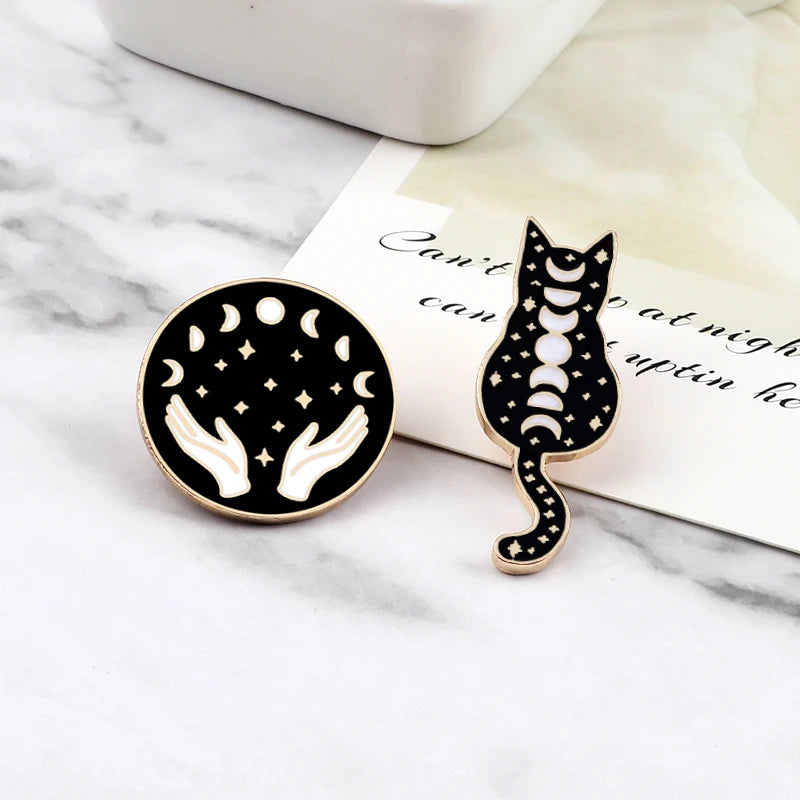Witchy Enamel Pins – Cat, Hat & Moon Badge