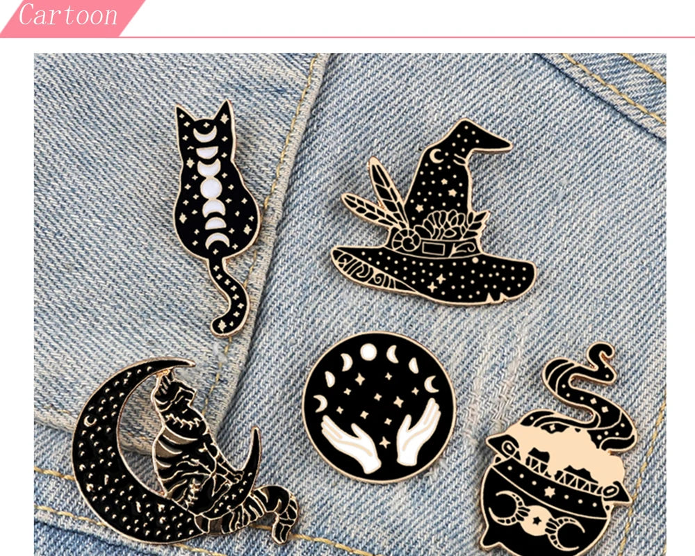 Witchy Enamel Pins – Cat, Hat & Moon Badge