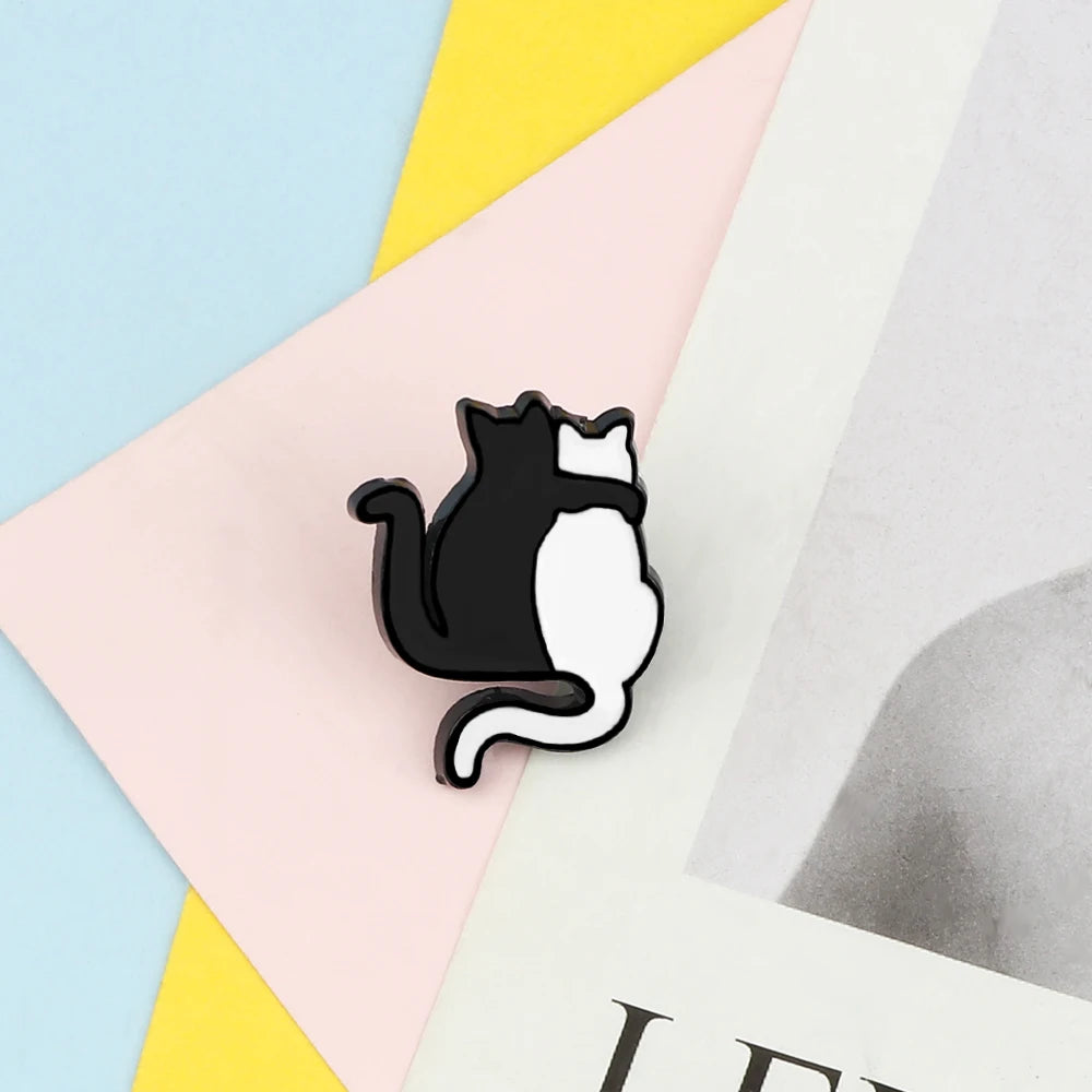 Cute Black & White Cat Enamel Pin – Funny Kitty Brooch