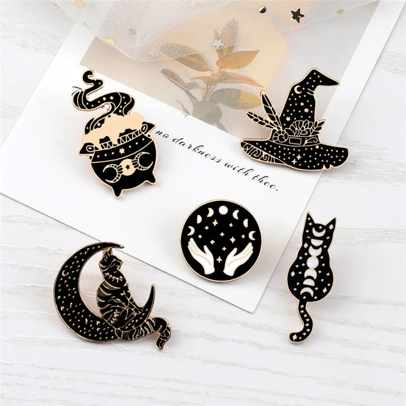 Witchy Enamel Pins – Cat, Hat & Moon Badge