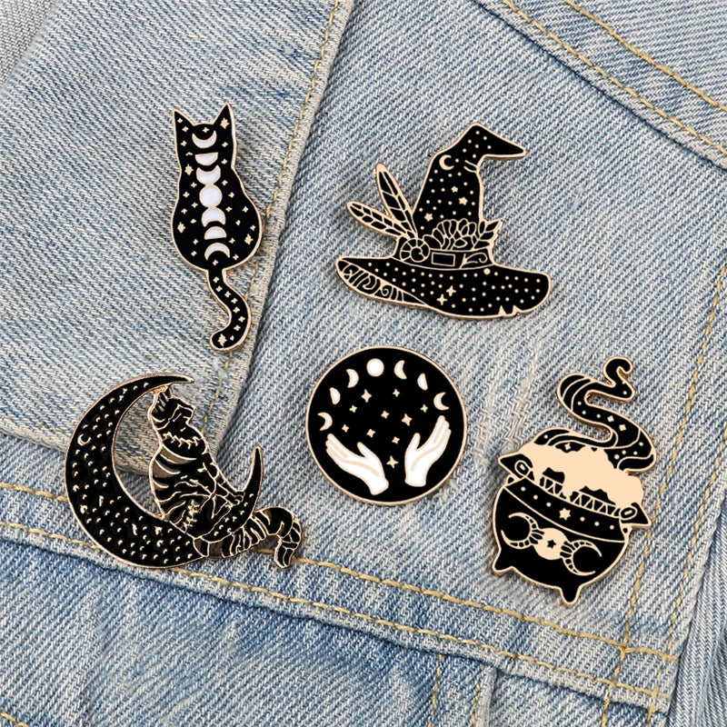Witchy Enamel Pins – Cat, Hat & Moon Badge