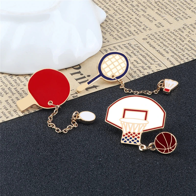 Sports Ball Brooch with Chain – Basketball, Badminton & Tennis Pin for Bags & Jackets