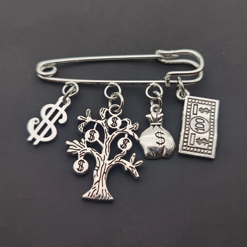 Lucky Money Brooch – Dollar, Abacus & Money Bag Pin