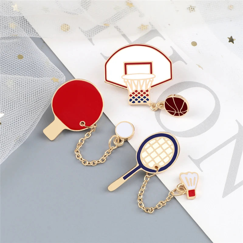 Sports Ball Brooch with Chain – Basketball, Badminton & Tennis Pin for Bags & Jackets