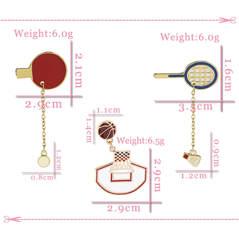 Sports Ball Brooch with Chain – Basketball, Badminton & Tennis Pin for Bags & Jackets